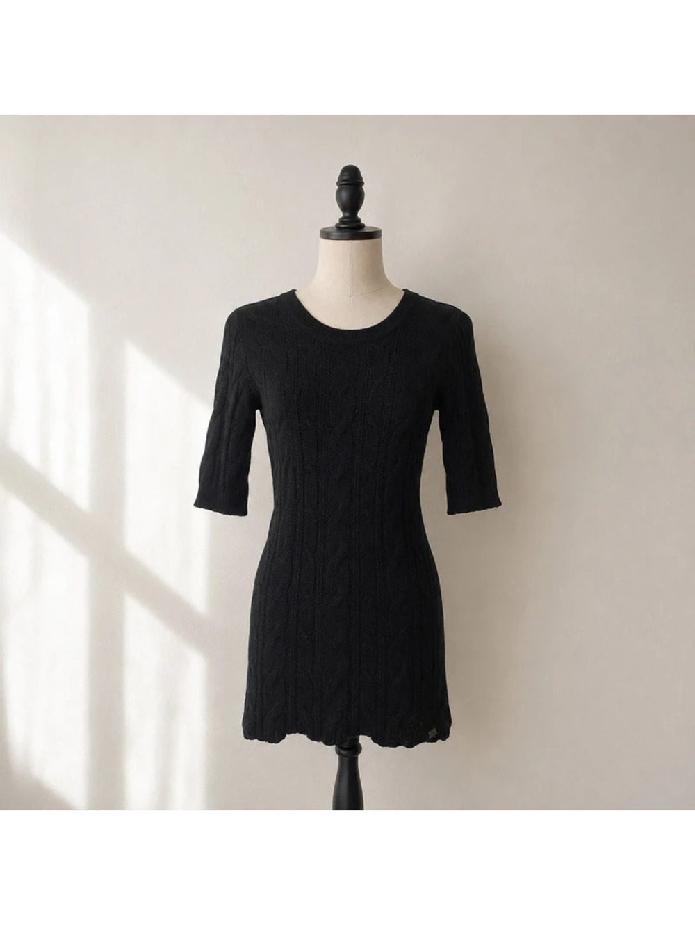 Roxy Black Cable Knit Sweater Dress 3/4 Sleeve Bodycon Mini XS